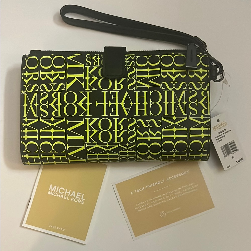 Michael Kors Black & Neon Yellow Logo Wristlet
